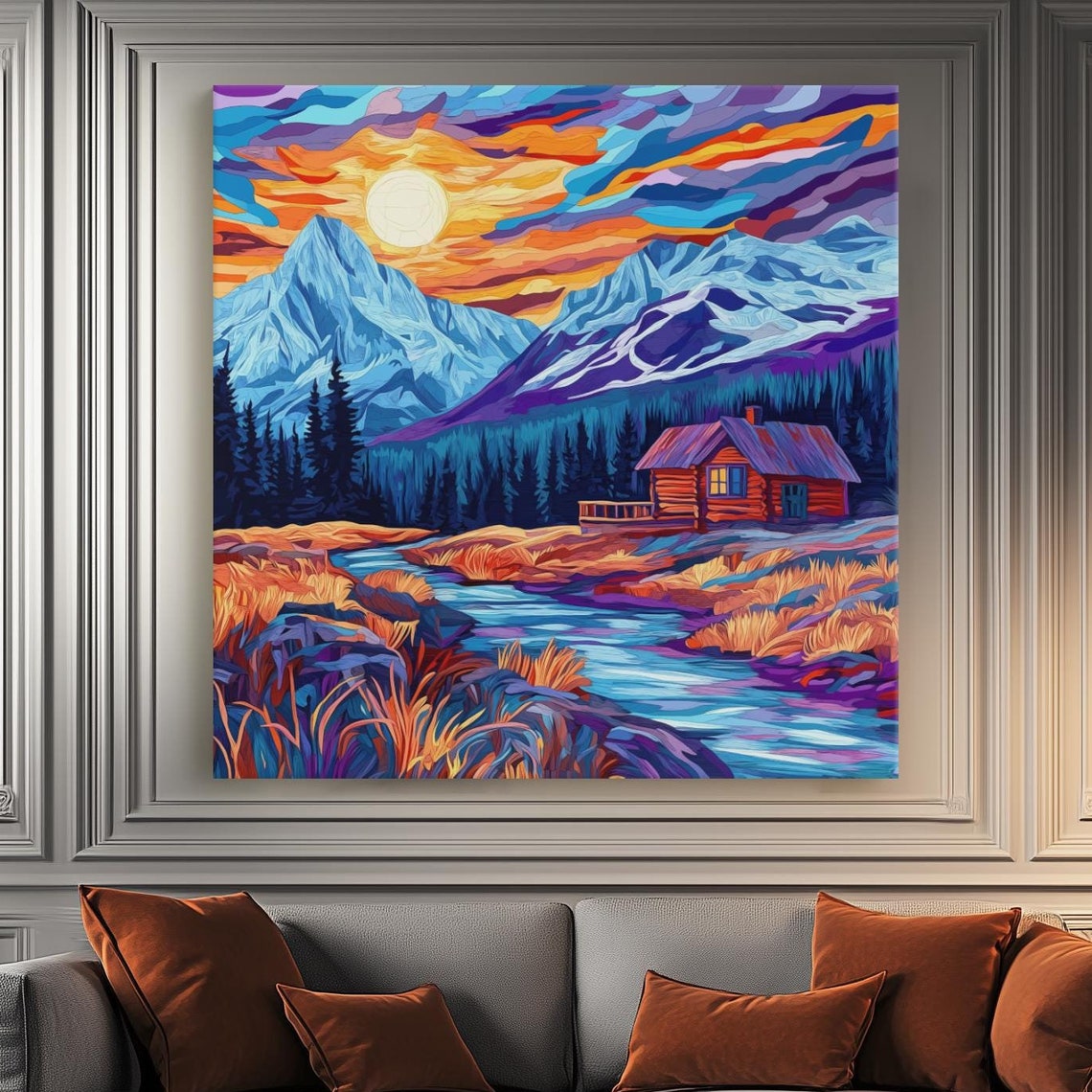 Vibrant Sunset Mountain Cabin Stylized Colorful Landscape Poster