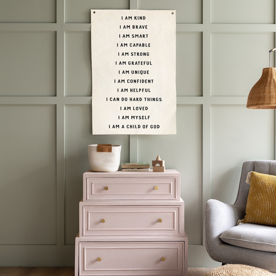 Affirmation Flag Scripture Banner, Neutral Nursery Poster