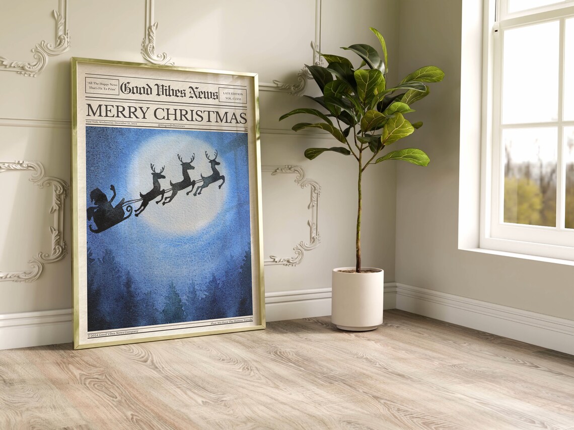 Merry Christmas Newspaper Poster Santa Sleigh Moonlight Reindeer Scene Art - Image 2