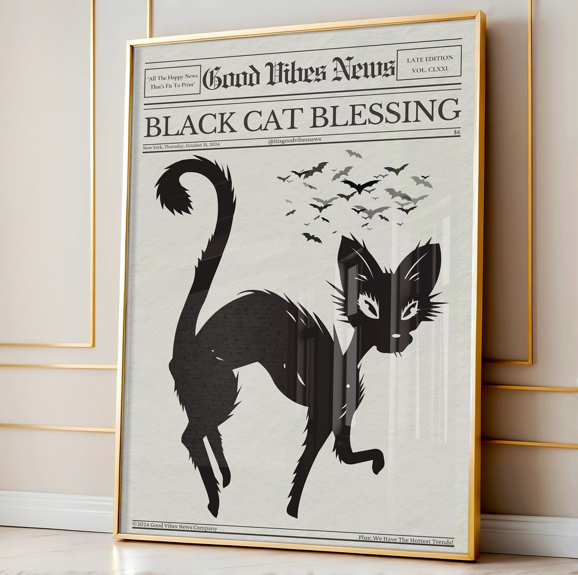 Black Cat Blessing Newspaper Poster Gothic Halloween Black Cat Bats Art - Image 3