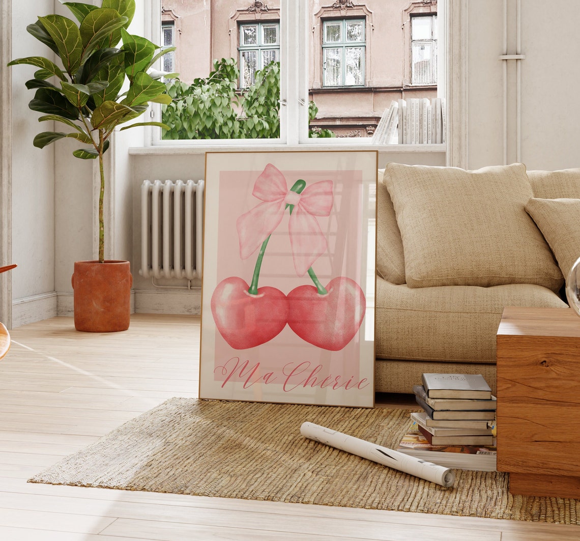 Ma Cherie Pink Cherry Bow Watercolor Poster Girly Coquette Art - Image 2