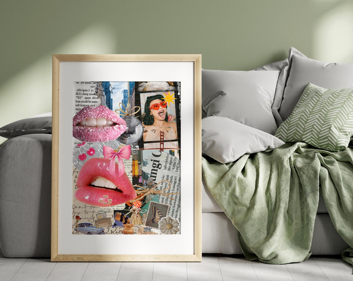 Girly Coquette Collage Pink Lips Disco Ball Preppy Trendy Poster - Image 2