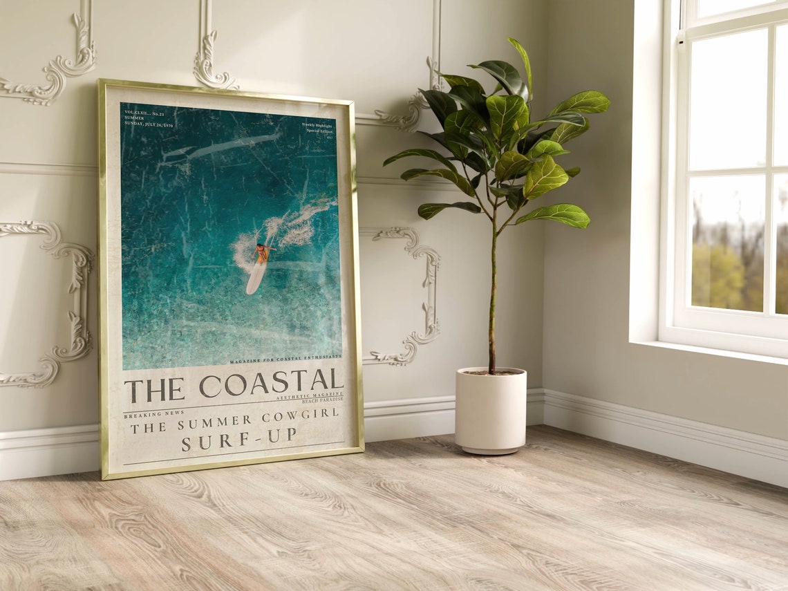 Blue Coastal Life Surf Up Cowgirl Vintage Newspaper Print 70s Surf Wall Art Retro Coastal Life Magazine Cover Chic Aesthetic Sea Poster - Image 2