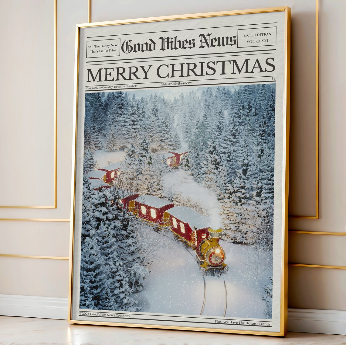 Merry Christmas Newspaper Poster Festive Red Train Snowy Forest Scene Art - Image 3