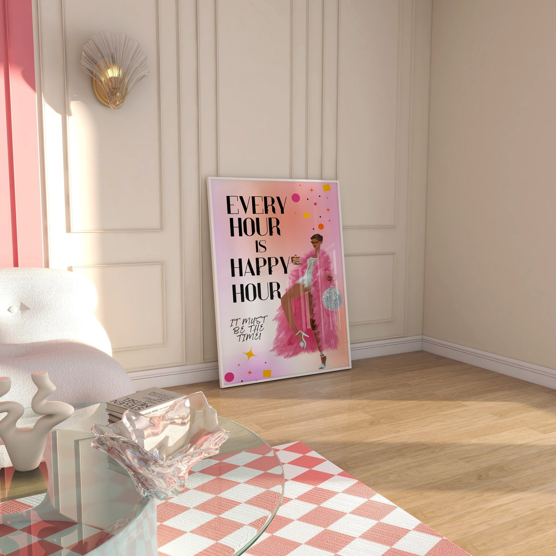 Every Hour Is Happy Hour Poster Pink Fur Coat Disco Ball Art - Image 2