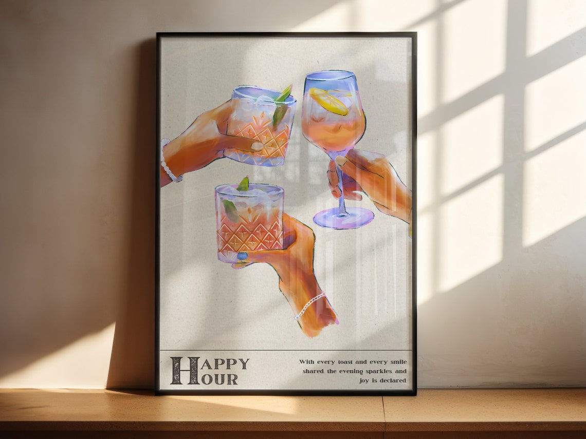 Happy Hour Cocktail Toast Illustration Cheers Bar Cart Poster - Image 2