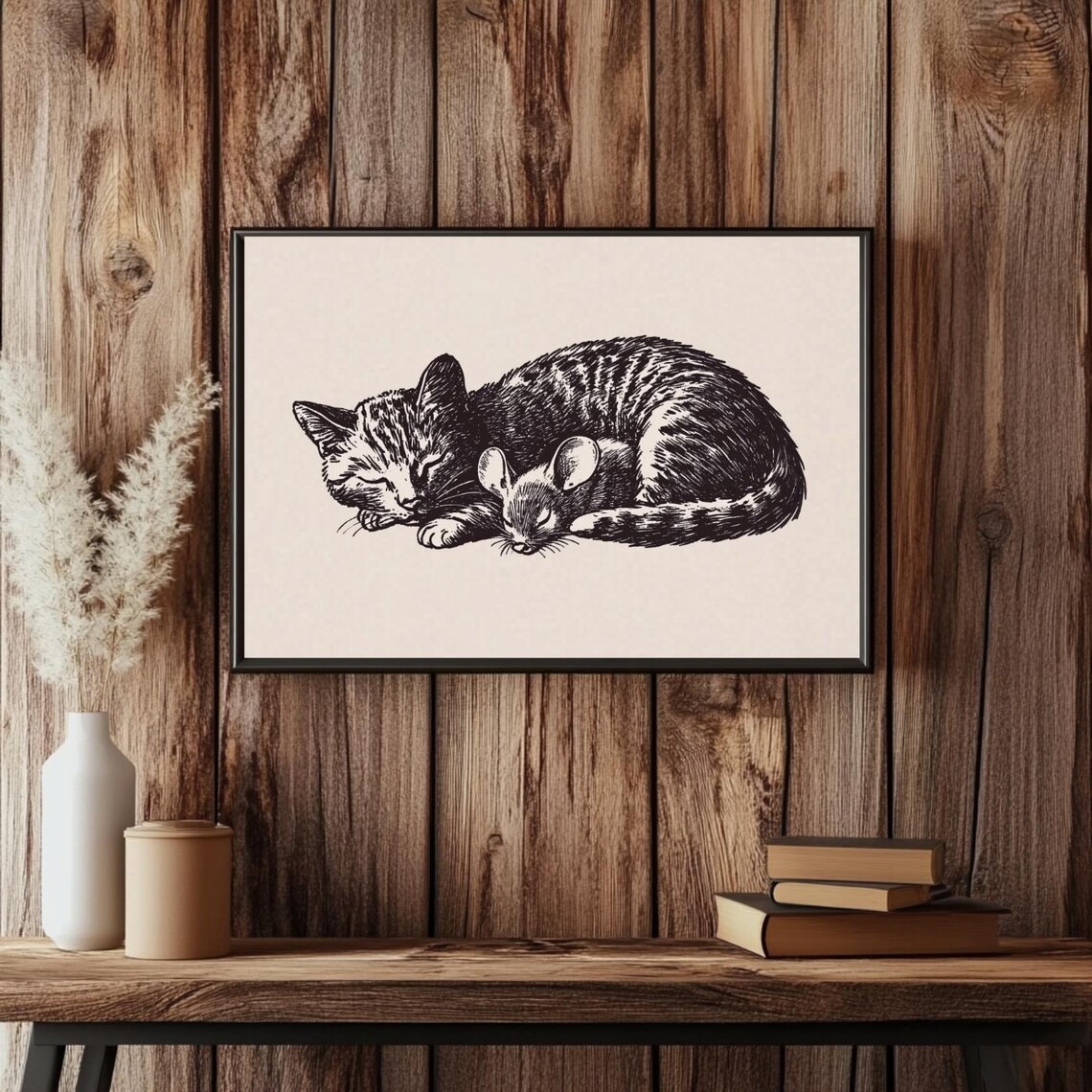 Sleeping Cat And Mouse Antique Ink Sketch Minimalist Bedroom Poster - Image 6