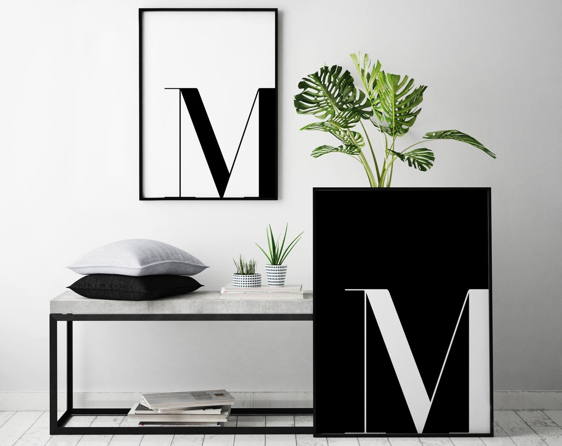 Letter M Monogram Set Black White Modern Serif Typography Poster