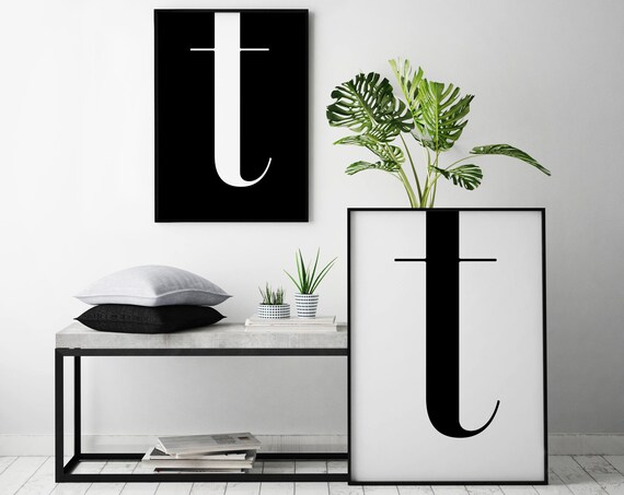 Black and White Letter T Monogram Minimalist Typography Wall Art