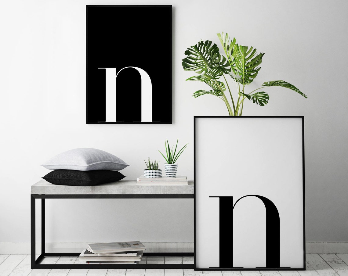 Black And White Letter N Typography Minimalist Monogram Decor Poster