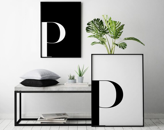 Letter P Typography Print Set Black White Minimalist Decor Pair