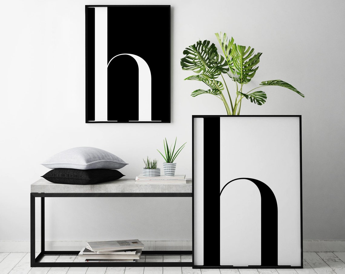 Modern Letter H Duo Black White Typography Minimalist Poster Set