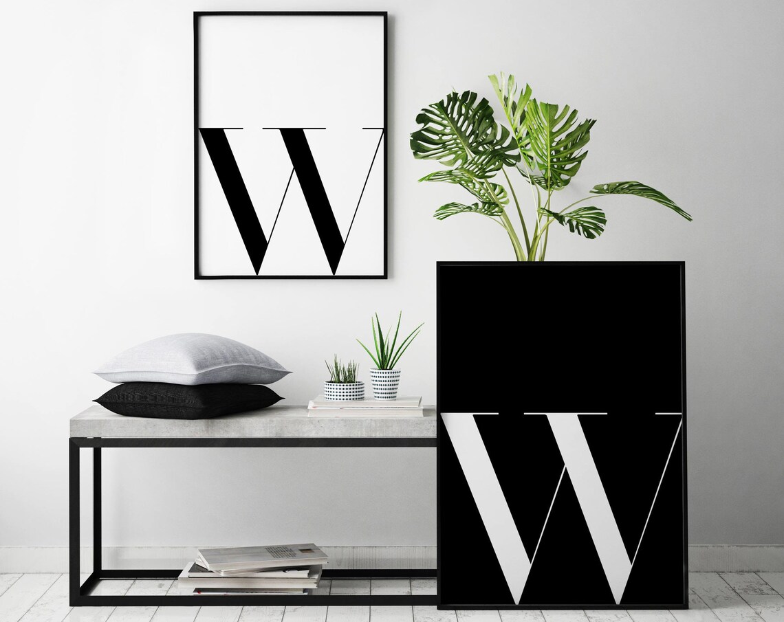 Letter W Black White Art Print, Alphabet Pair