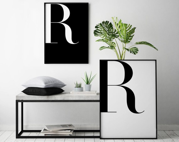 Set of Two Black and White Letter R Typography Poster for Monogram Walls