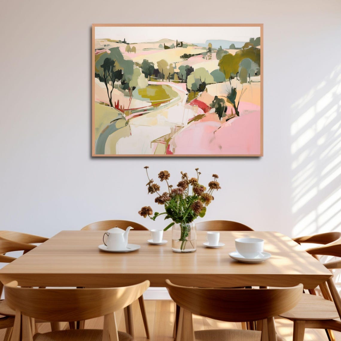 Abstract Landscape Winding Path Trees Pink Olive Meadow Print - Image 2