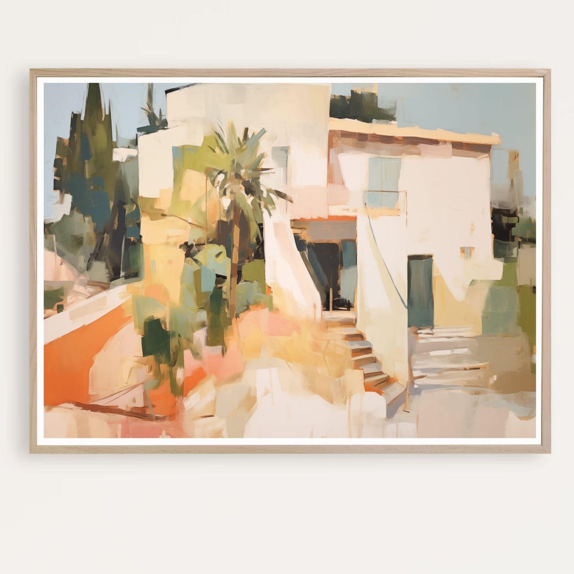 Warm Abstract Mediterranean Villa Pastel Coastal Painting Poster