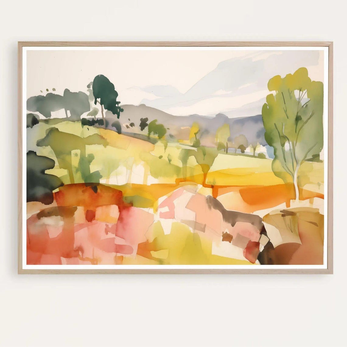 Colorful Abstract Landscape Watercolor Green Orange Hills Print