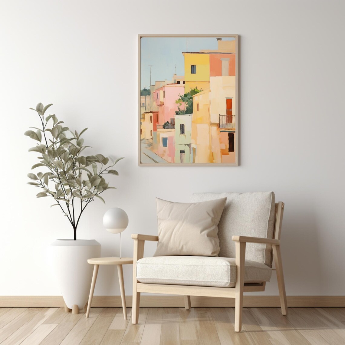 Colorful Italian Houses Painting Yellow Pink Mediterranean Town Poster - Image 2