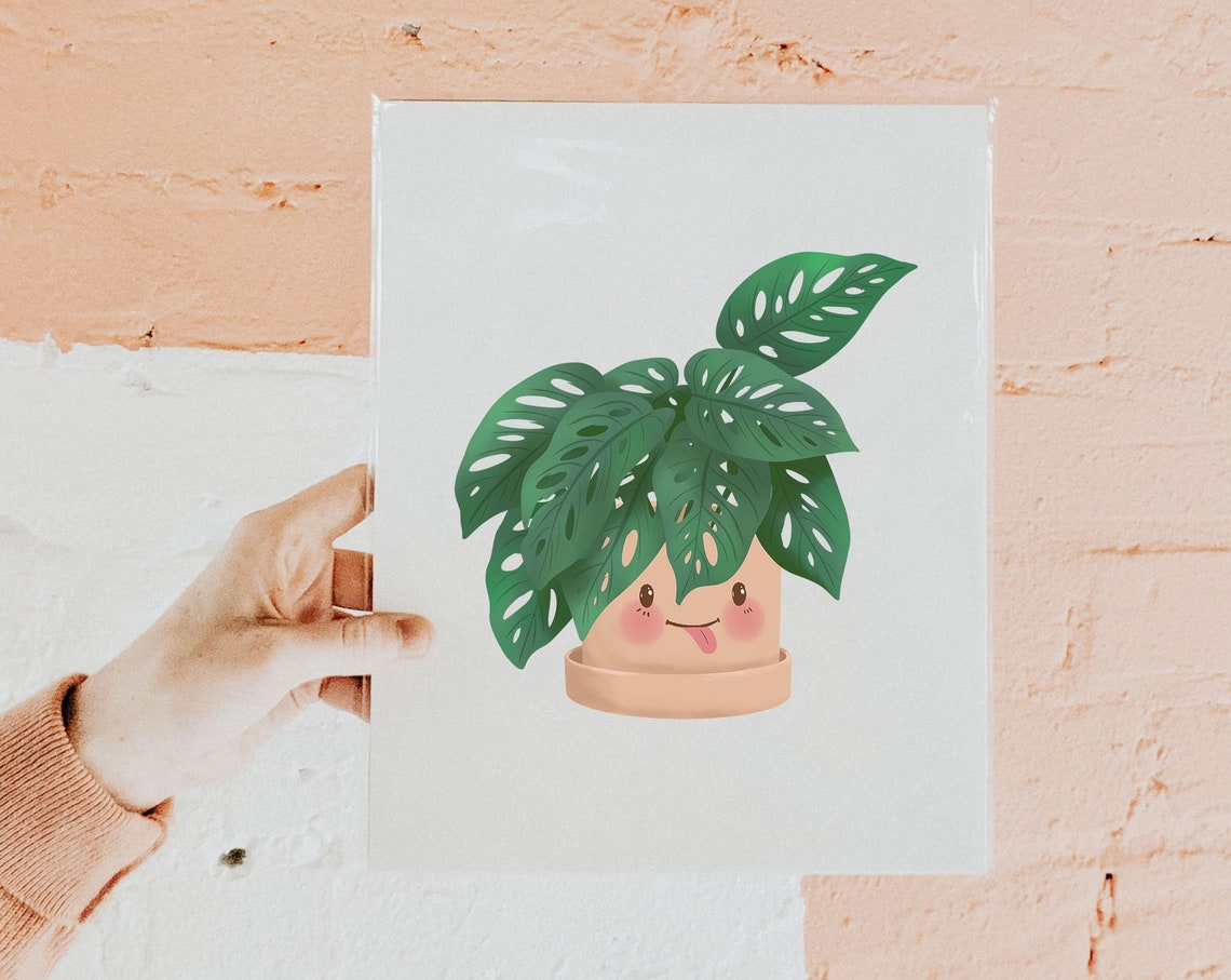 Monstera Adansonii Playful Tongue Out Cute Kawaii Botanical Art Print