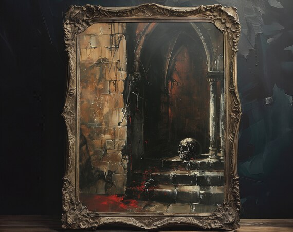 Skull In Gothic Archway Macabre Dark Academia Oil Art Poster