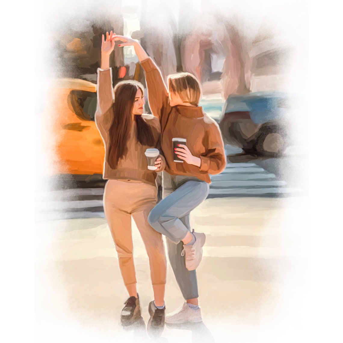 Two Best Friends Dancing With Coffee Cups on a City Street Poster