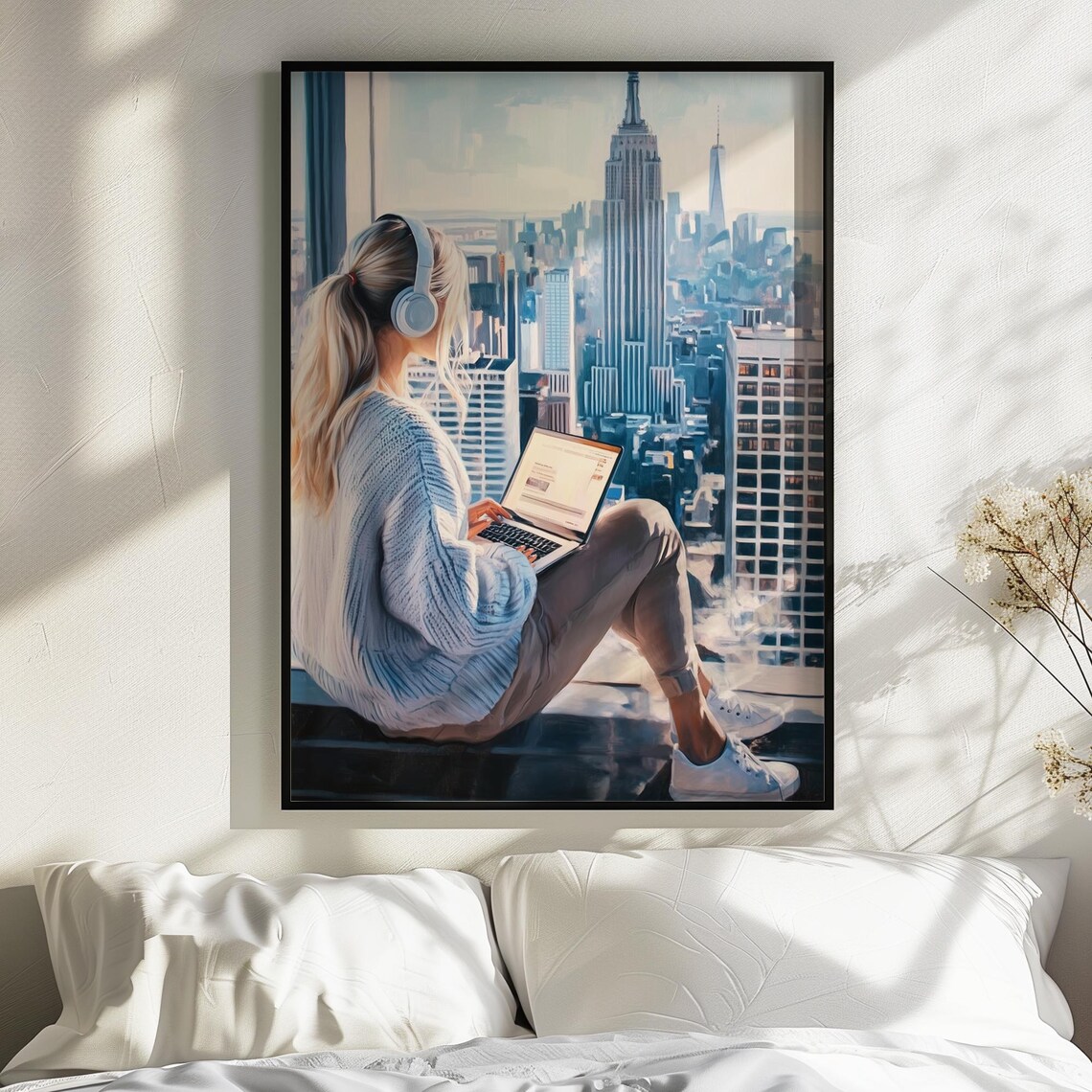Woman With Headphones New York City Skyline Laptop Travel Poster - Image 2