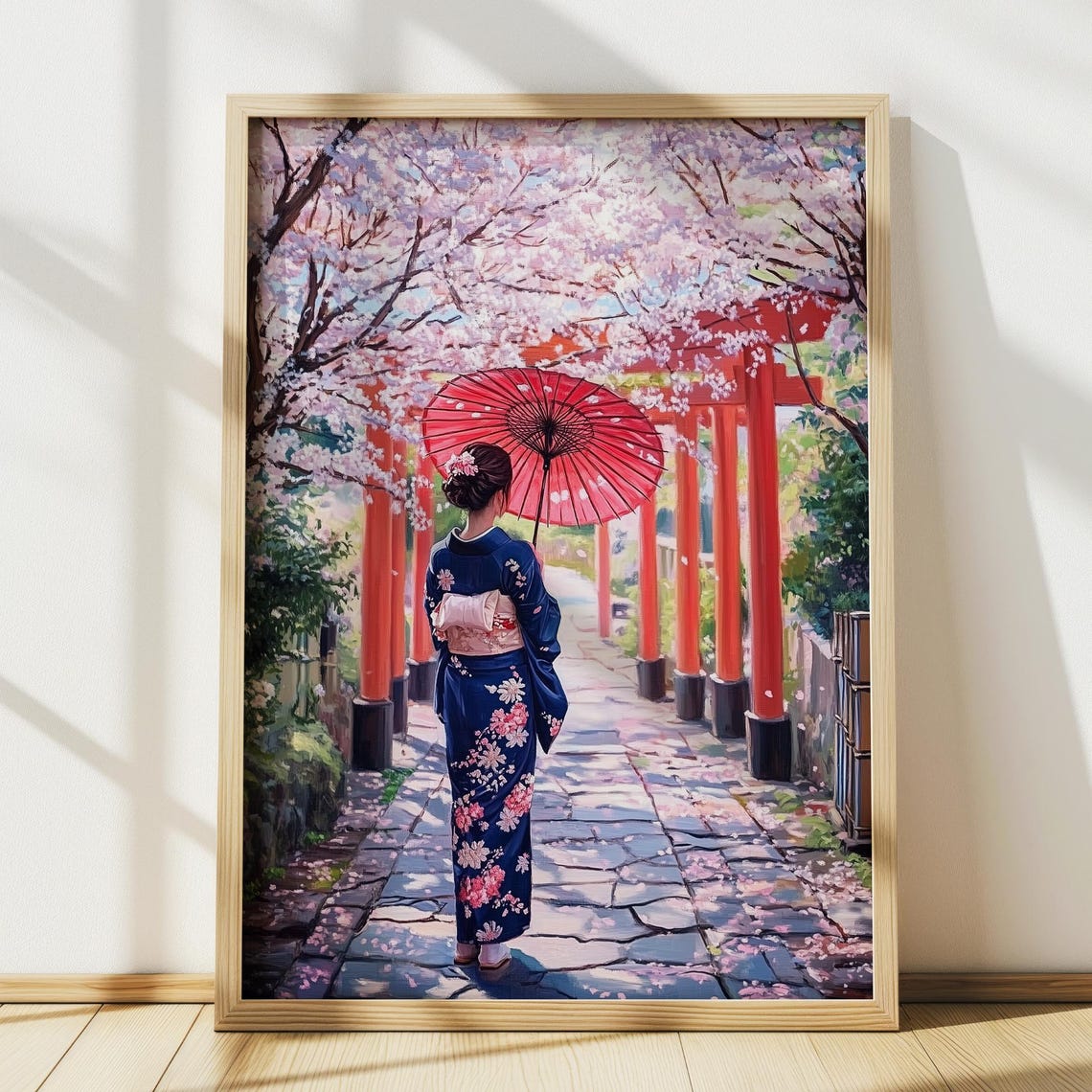 Kyoto Kimono Woman Red Parasol Torii Gates Cherry Blossom Poster