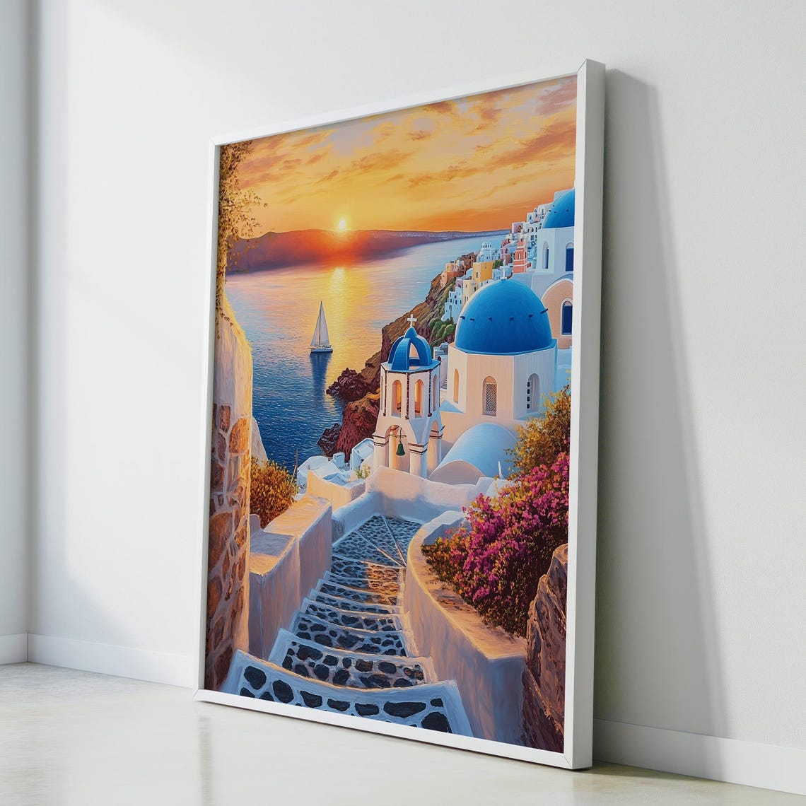 Santorini Blue Domed Churches Sunset Sailboat Caldera Travel Poster - Image 2