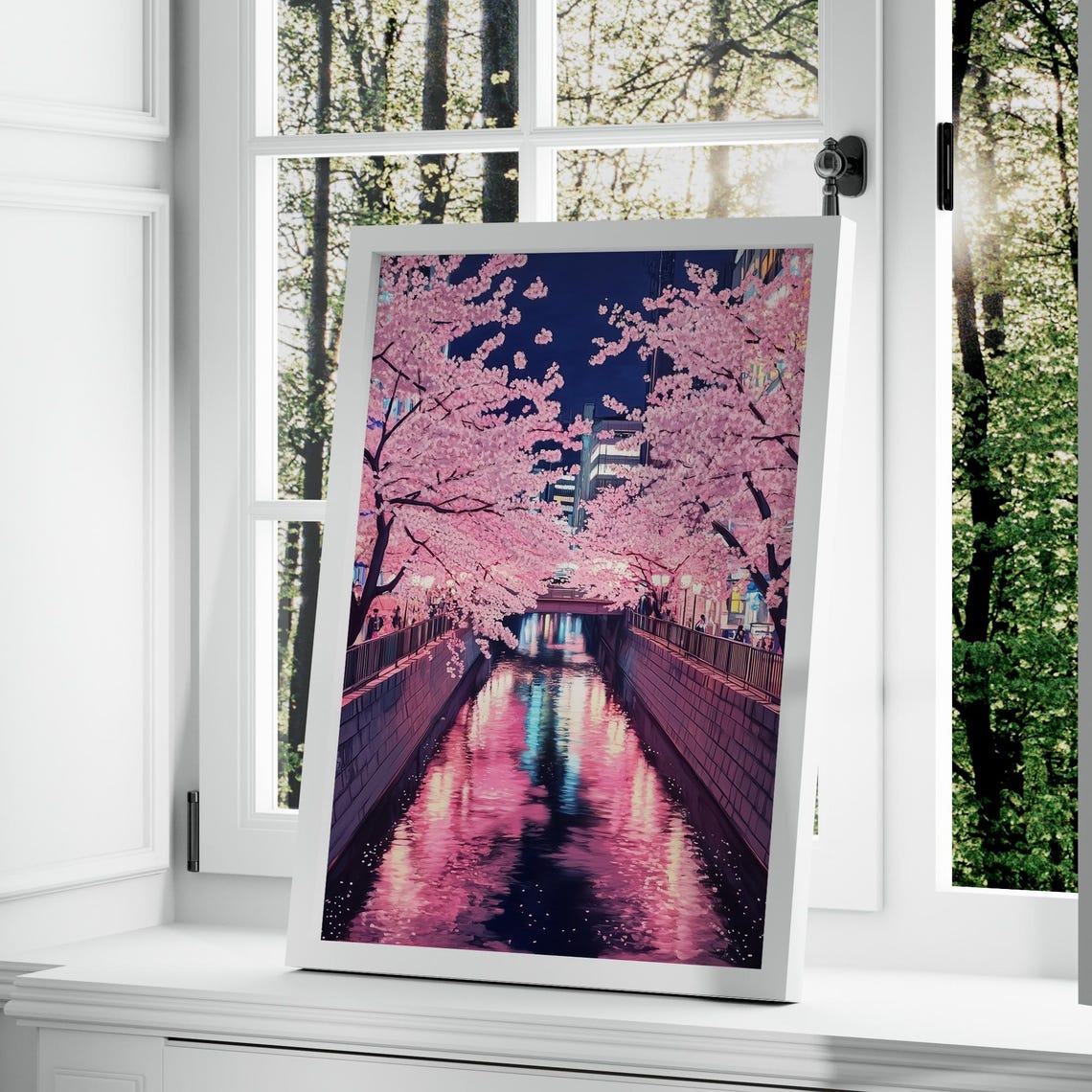 Cherry Blossom Canal Night Pink Reflections Japan City Poster - Image 3