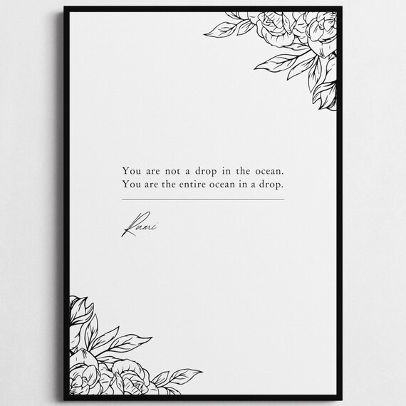 Rumi Entire Ocean In A Drop Botanical Minimalist Black White Quote Poster