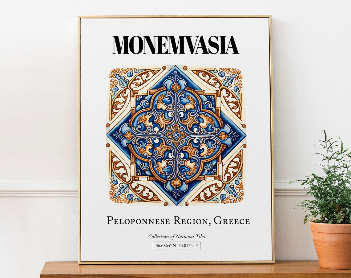 Monemvasia Greek Fortress Tile Art Travel Poster