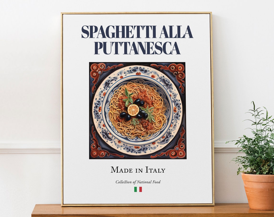 Spaghetti Alla Puttanesca on Maiolica Tile Plate Poster