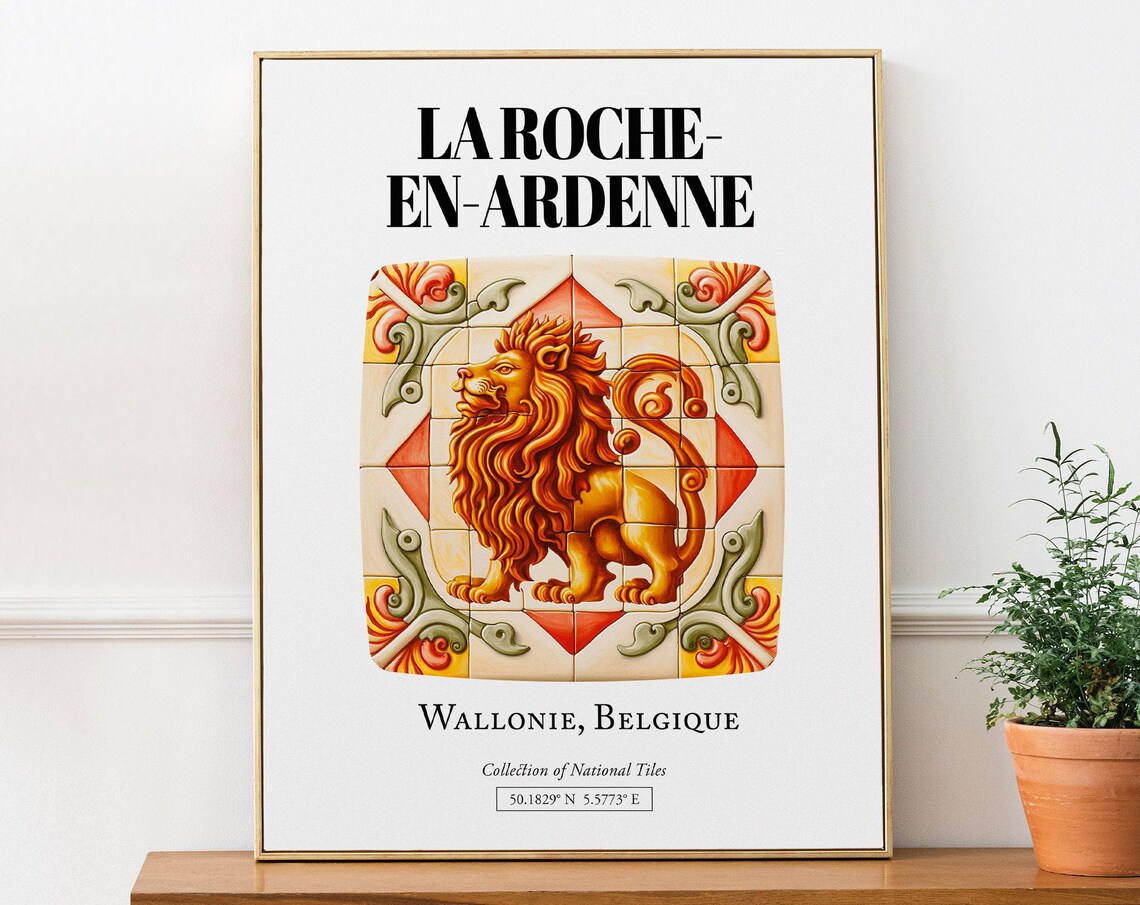 La Rocheenardenne Wallonie Belgique Tile Pattern with Lion Art Print