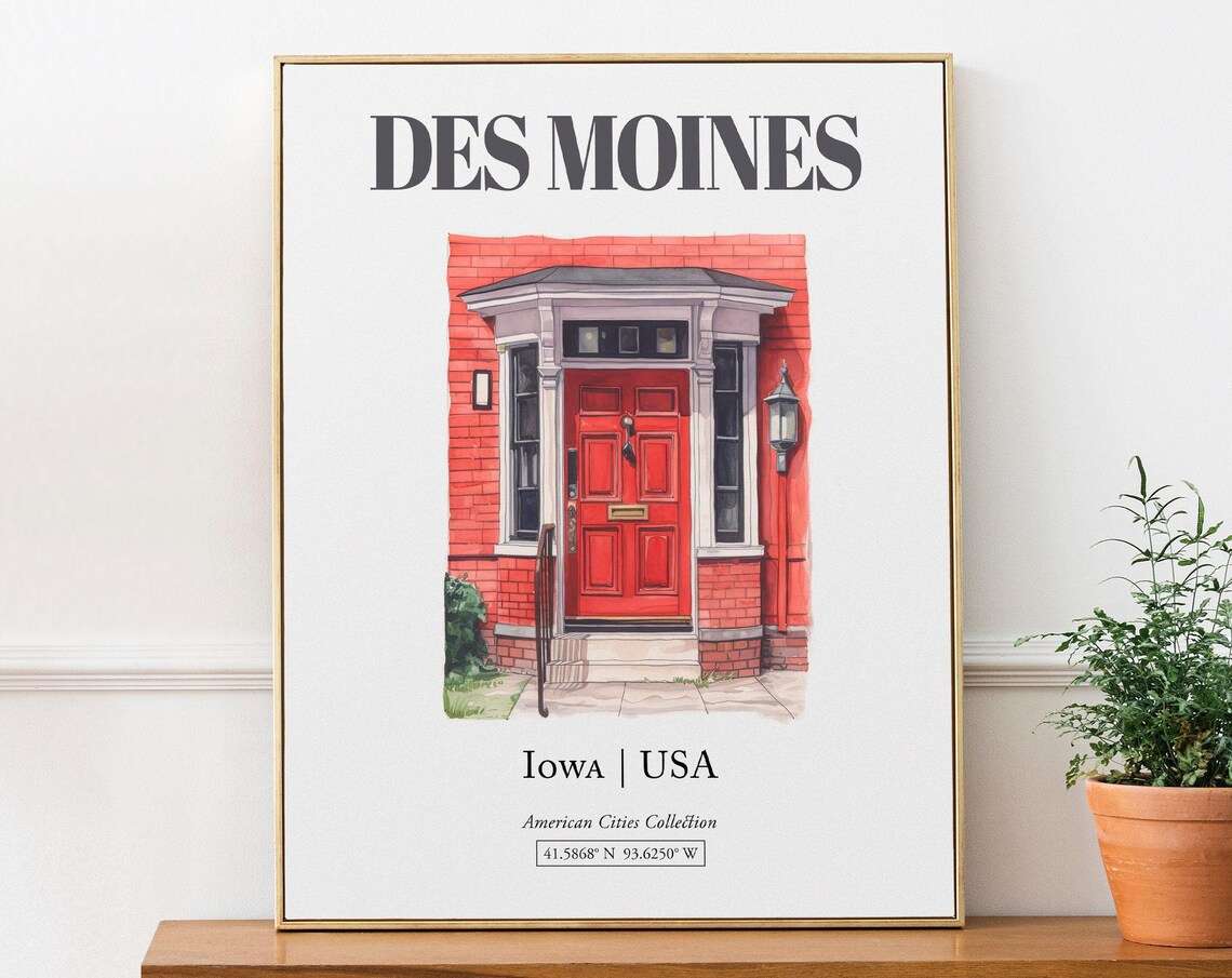 Des Moines Iowa USA Minimalist Watercolor Travel Poster