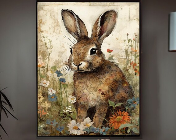 Vintage Bunny Rabbit Wildflowers Watercolor Spring Easter Wall Art