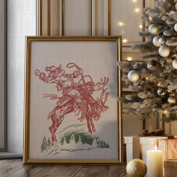 Red Ink Cowboy Santa Reindeer Ride Green Pines Western Holiday Poster