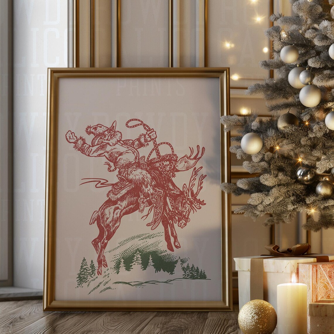 Red Ink Cowboy Santa Reindeer Ride Green Pines Western Holiday Poster