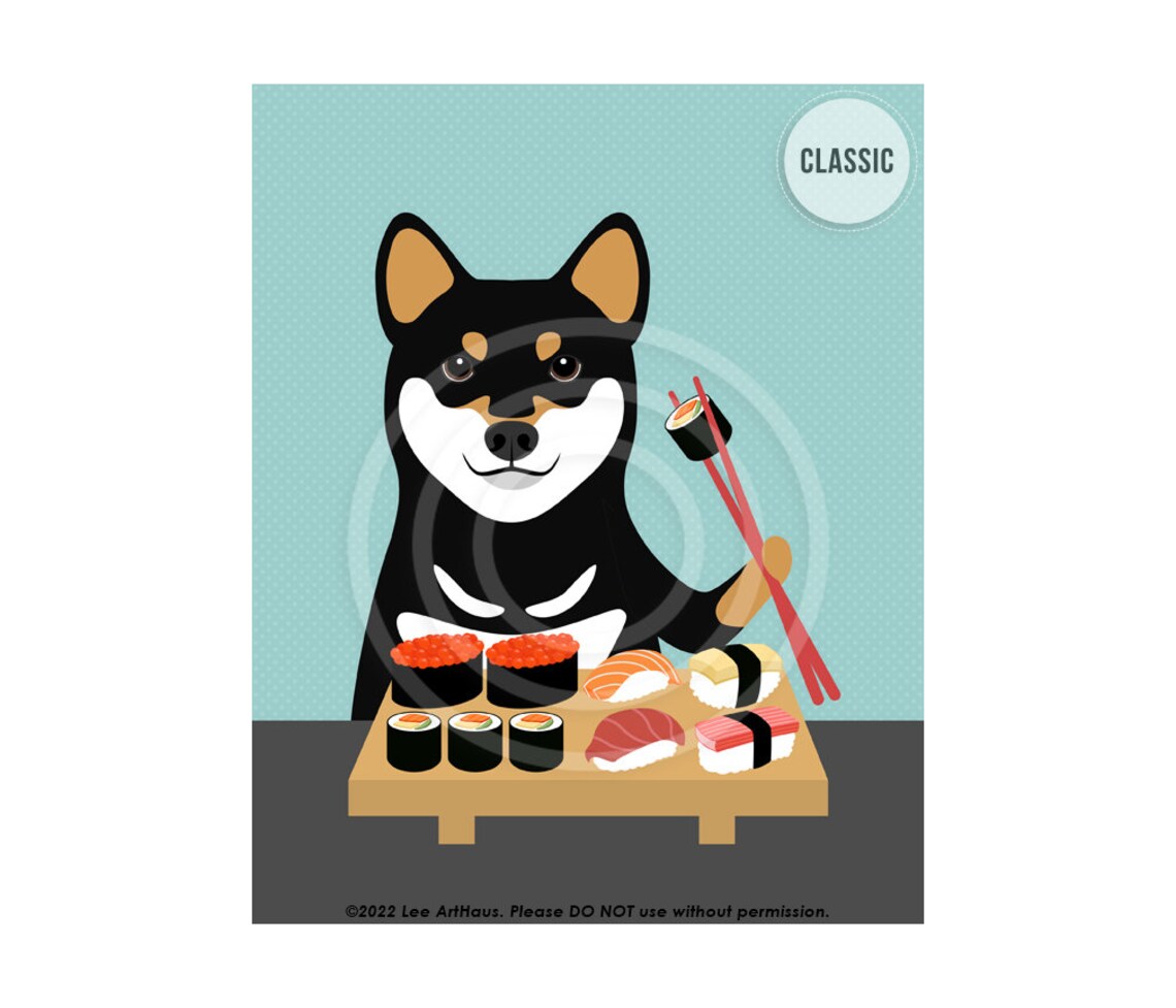 Black And Tan Shiba Inu Eating Sushi Platter Funny Dog Wall Art Poster