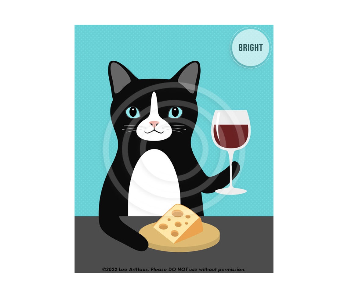 Black And White Cat Drinking Red Wine Cheese Funny Cat Wall Art Poster - Image 2