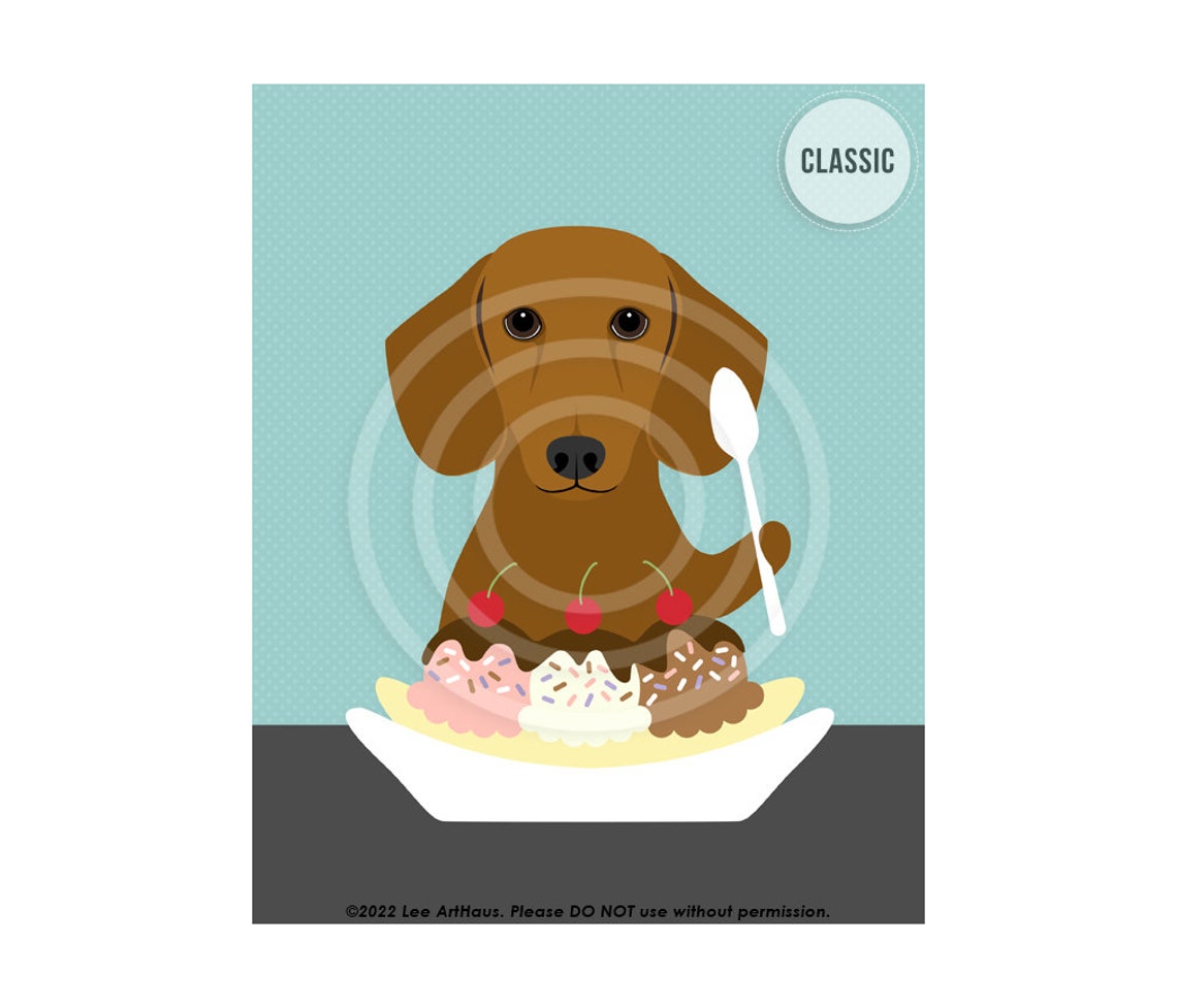Red Dachshund Eating Banana Split Ice Cream Sundae Funny Dog Poster