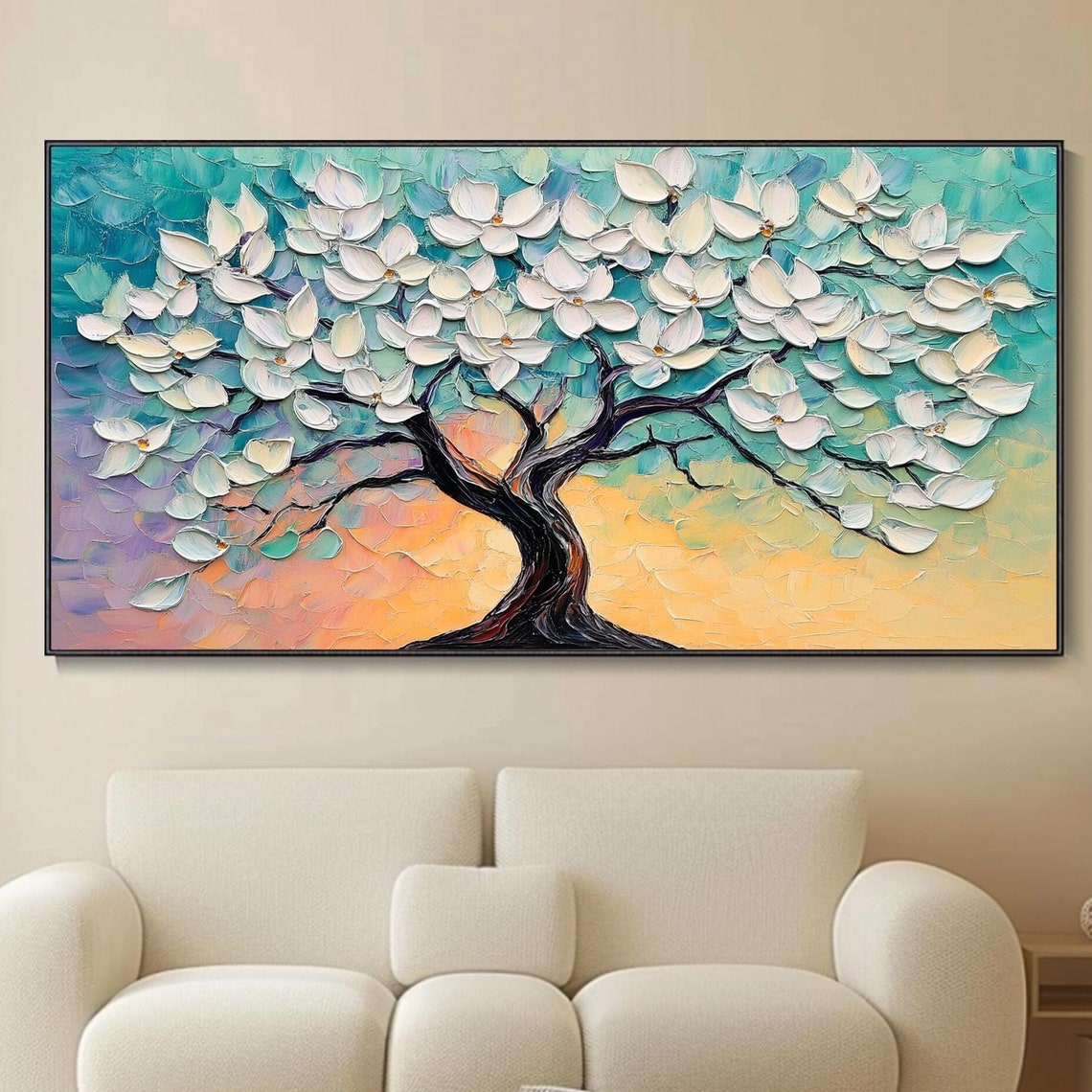 White Flowering Tree Teal Sunset Background Textured Oil Art Poster - Image 5