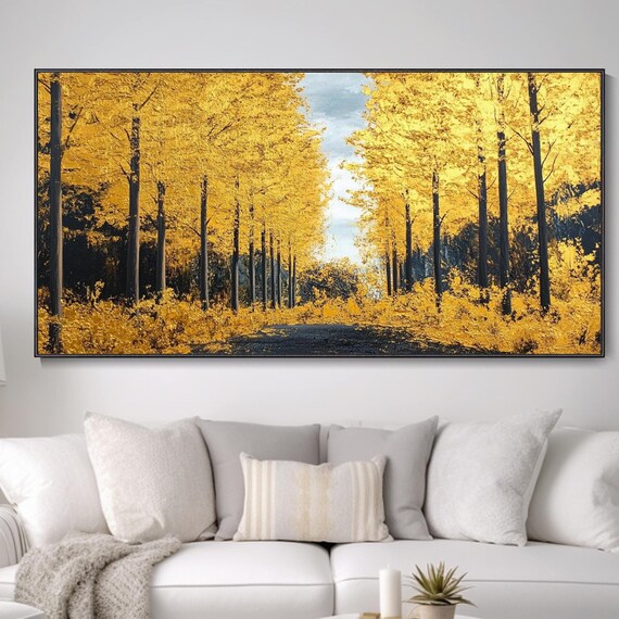 Golden Forest Oil Painting Hand Painted Tree Landscape Home Wall Decor Knife Thick Texture Living Room Fireplace Art Modern Abstract