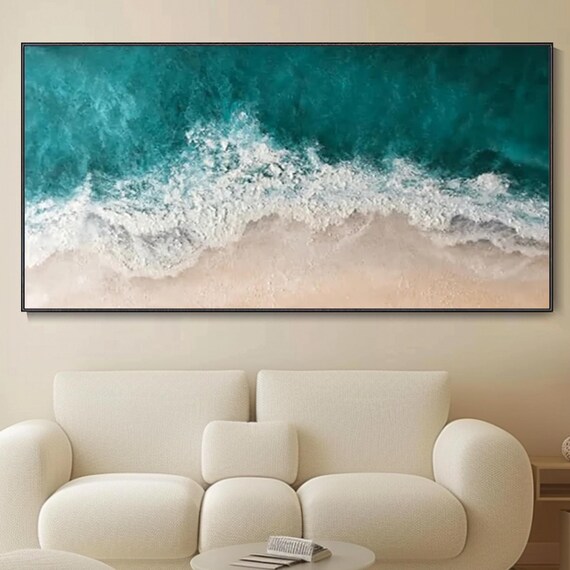 Turquoise Ocean Waves White Sand Aerial Beach Textured Oil Painting Print