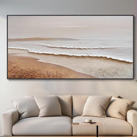 Minimalist Beach Waves Oil Painting Neutral Sand Beige Calm Coastal Wall Poster
