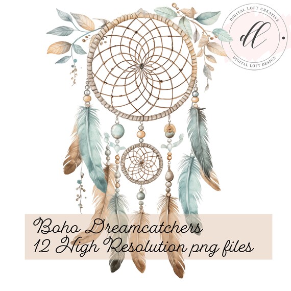 Boho Watercolor Dreamcatcher with Feathers and Beads Hanging Decor Poster