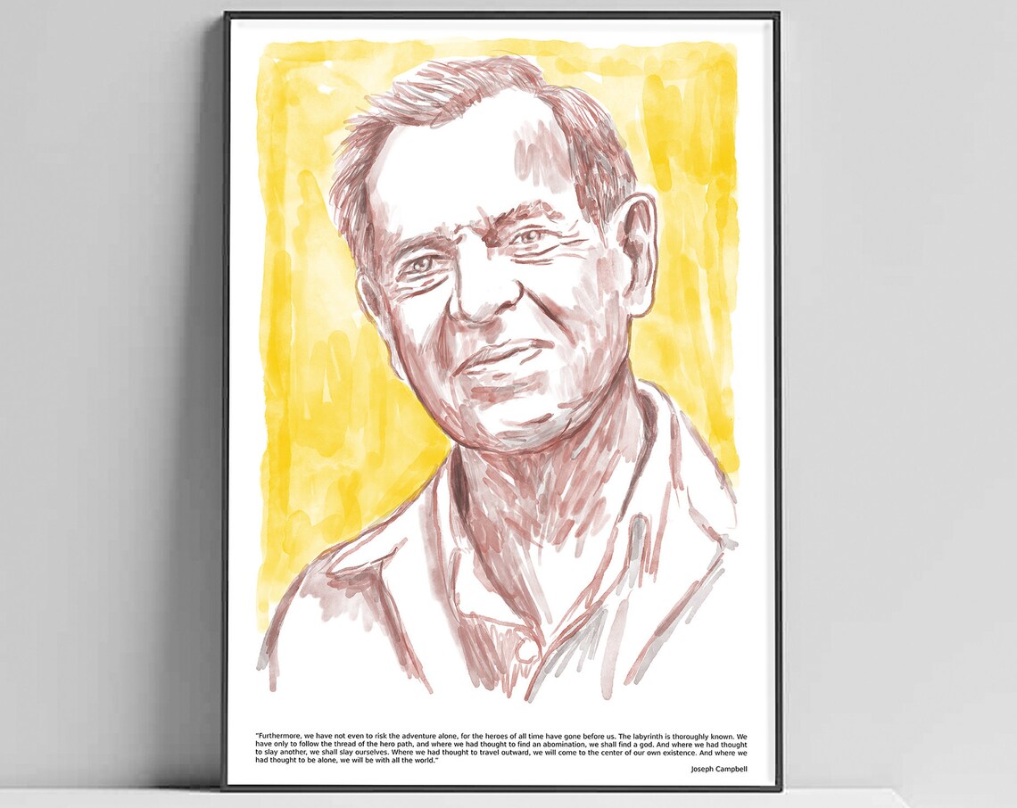 Joseph Campbell Hand-Drawn Portrait with Hero Journey Quote Poster
