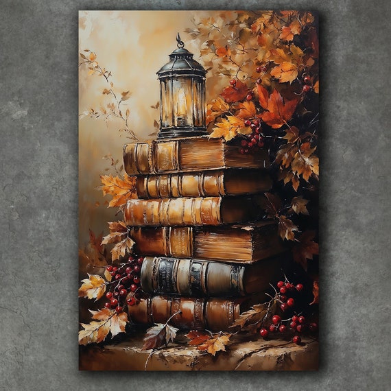 Halloween Vintage Books Canvas Wall Art Autumn Leaves And Red Berries Decor Lantern Painting Print Dark Academia Poster Gift Ready To Hang