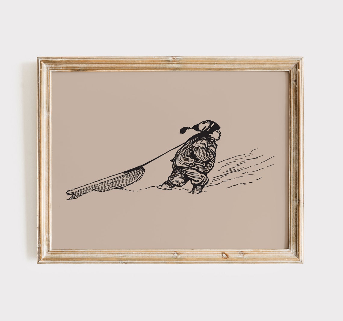 Vintage Boy Pulling Sled Snow Sketch Retro Christmas Winter Poster - Image 3