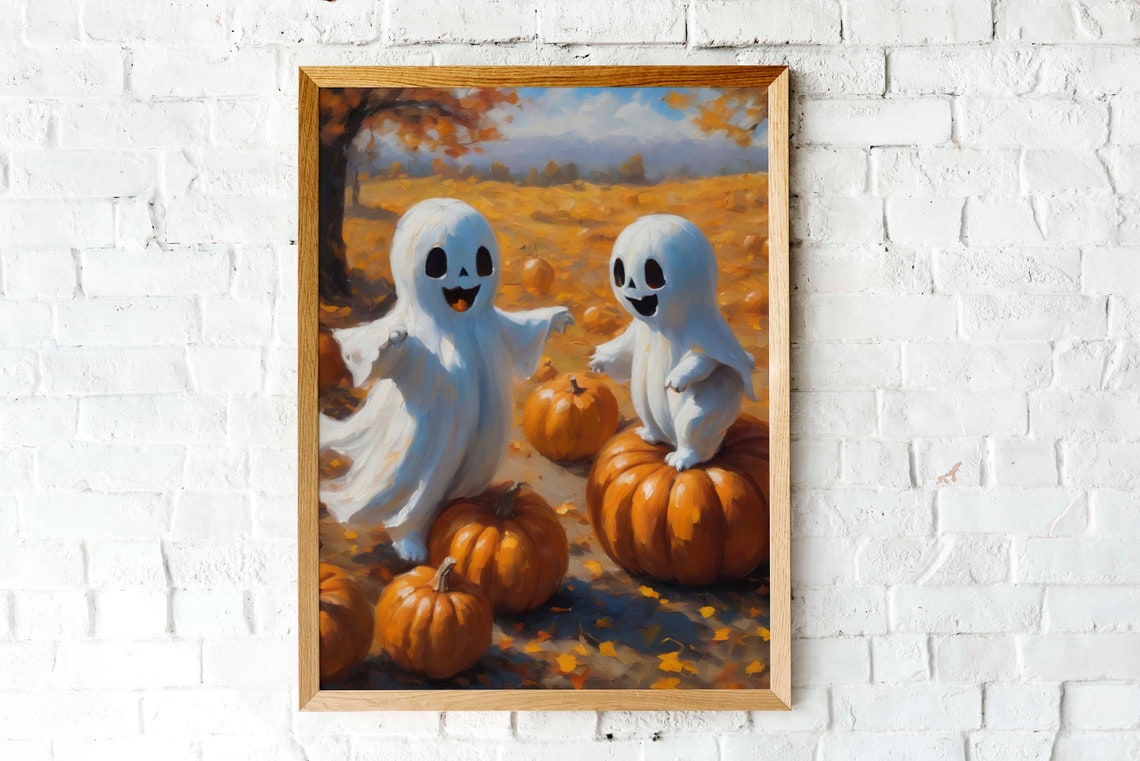 Cute Ghosts In A Pumpkin Patch With Jack O Lanterns Wall Art Spooky Art Print Cute Halloween Art