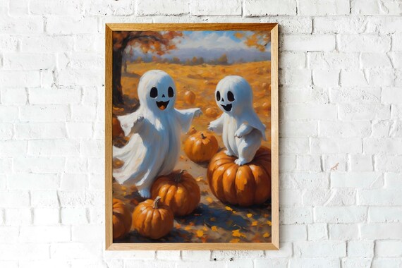 Two Cute Ghosts Playing In A Pumpkin Patch Autumn Halloween Poster